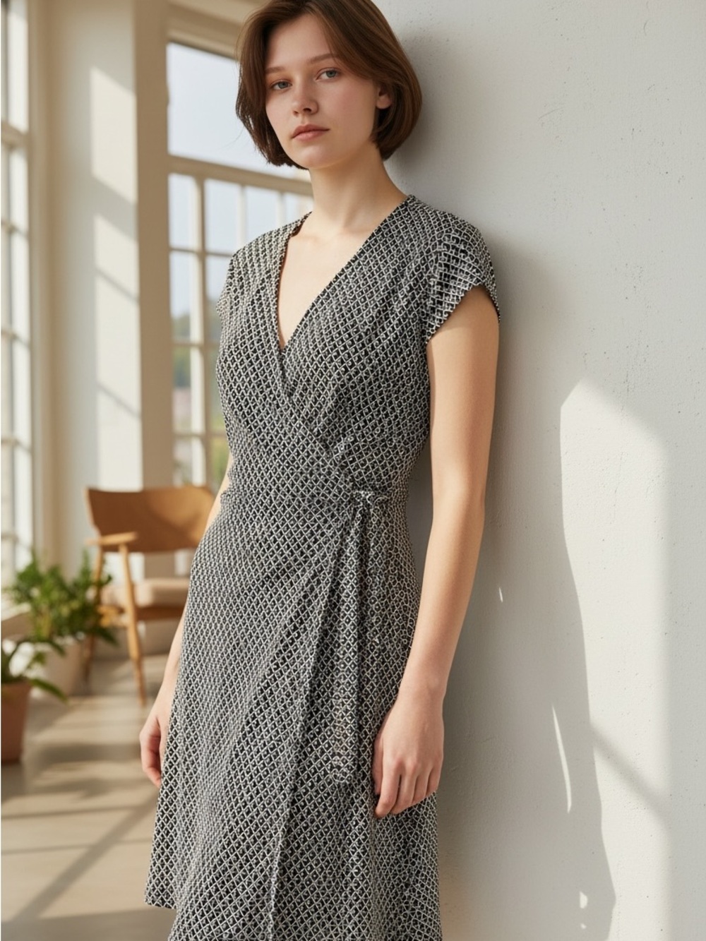 LOFT Black and White Printed Wrap Midi Dress